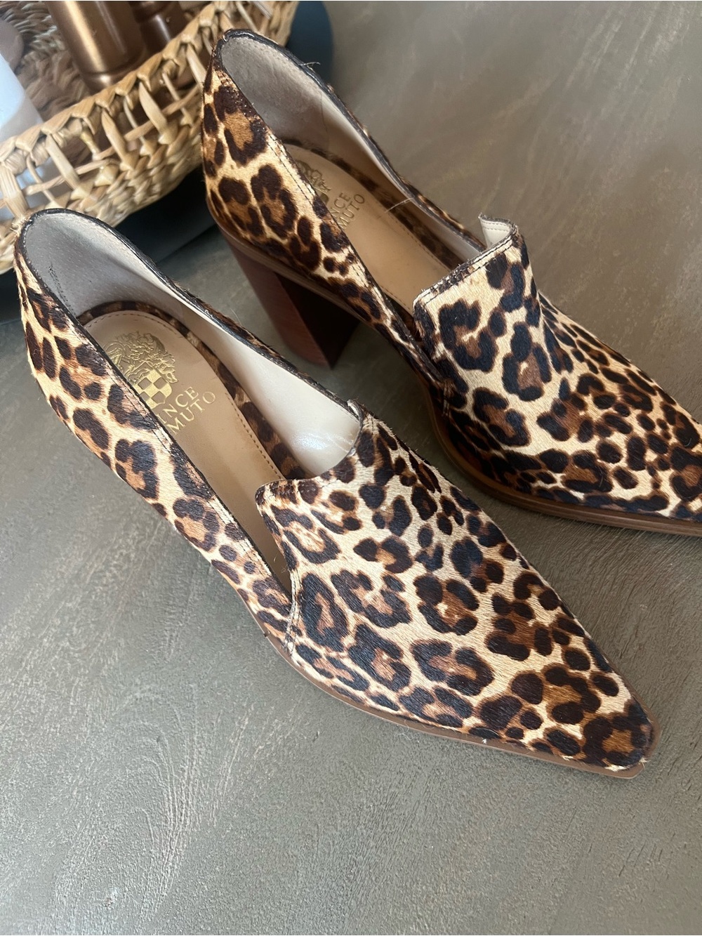 Vince Camuto Leopard-Print Pointed Block Heel Loafers in Brown and Black